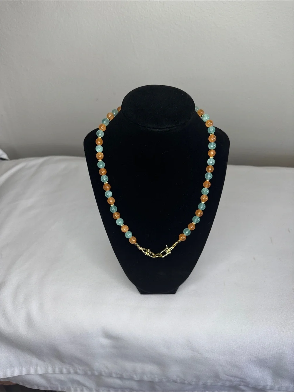 Two-Tone Mint Green and Orange Beaded Necklace 18” Gold filled.